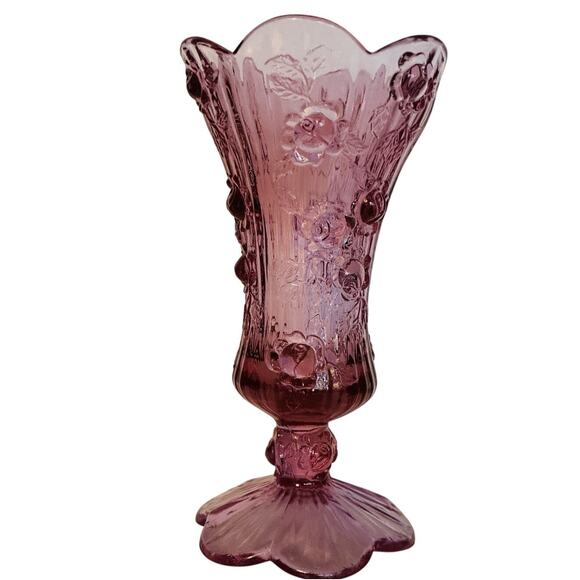 Fenton Pink Purple Cabbage Rose 9” Pedestal Scalloped 3D Ruffle Edge Vase - Picture 1 of 5